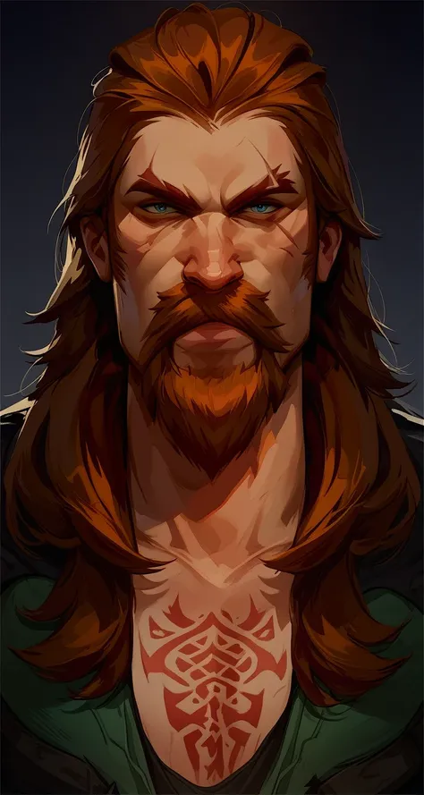 score_9, score_8_up, score_7_up, score_6_up, 1guy, solo, scars, long hair, brown hair, beard, blue eyes, looking at viewer, adult man, dark background, chest tattoo, closed_mouth, (facing viewer:1.5)  