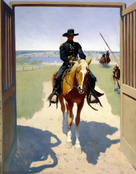 a Remington painting of a single blond US Cavalry man on horseback riding through the gate of Fort Sheridan in Wyoming, 1867<lora:FRemington-000001:1>