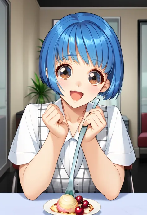 score_9, score_8_up, score_7_up, BREAK Himachi, blue hair, short hair, 1girl, holding spoon, open mouth, brown eyes, smile, incoming food, looking at viewer, :d, blurry background, white shirt, cherry, blush, plaid vest, indoors, upper body, collarbone, fe...