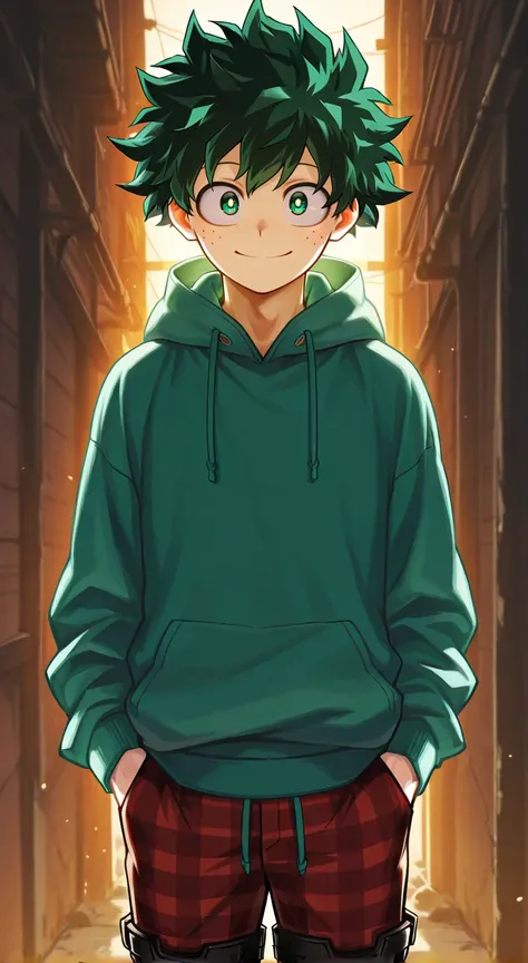 score_9, score_8_up, score_7_up, source_anime, highres, (masterpiece, best quality,cinematic lighting, (anime, anime coloring:1.3),1boy,solo,male focus,cowboy shot,looking at viewer,deku,midoriya izuku,green hair,short hair,freckles,green eyes,smile,hoodie...