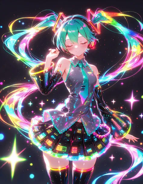  Ponponmiku, 1girl,solo, long hair, simple background, shirt, skirt, long sleeves, hair ornament, thighhighs, bare shoulders, very long hair, twintails, standing, closed eyes, multicolored hair, cowboy shot, pleated skirt, necktie, detached sleeves, sleeve...