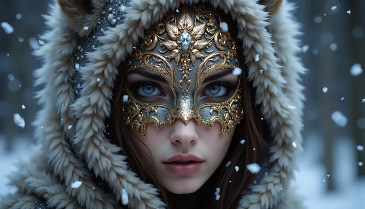 wolves mask winter woman portrait golden ice ornate mask fantasy magical atmosphere