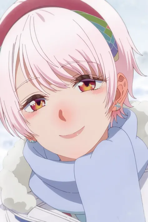 score_9, score_8_up, score_7_up, source_anime, best quality, high quality, 1girl, solo, jewelry, earrings, smile, pink hair, blush, scarf, short hair, hairband, close-up, portrait, looking at viewer, blue scarf, red eyes, winter clothes, rena