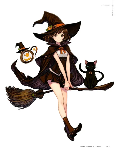 <lora:GAME_STYLE_Terra_Battle7:1>,airbrush (medium),
BREAK
1girl,hat,witch hat,broom,brown hair,cape,witch,broom riding,simple background,white background,socks,cat,skirt,smile,looking at viewer,short hair,, ,masterpiece, best quality,