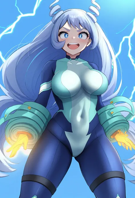 1girl, hadou nejire, boku no hero academia, 
terra bose, 
blue eyes, very long hair, skin tight, thighs, highleg, gloves, long hair, :d, superhero landing, large breasts, light purple hair, standing, glowing, legs apart, groin, covered navel, halterneck, c...