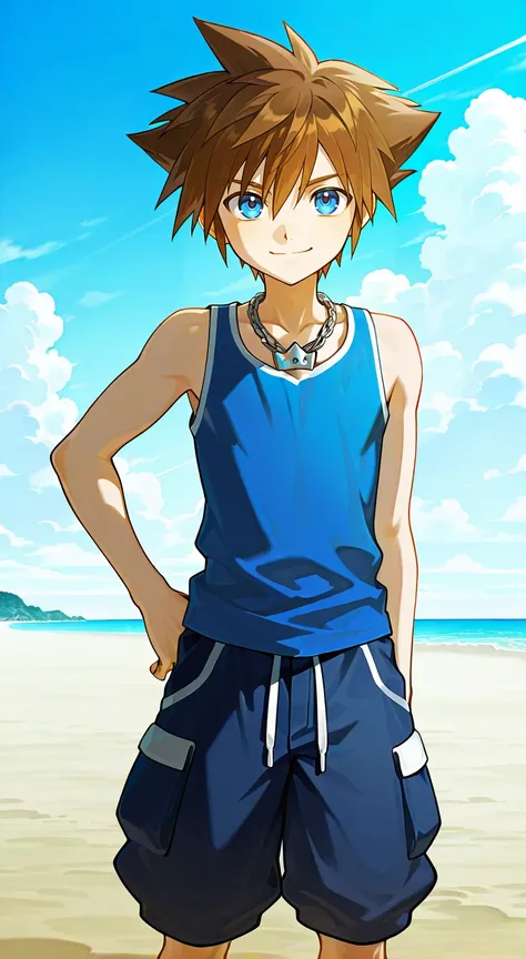 score_9, score_8_up, score_7_up, source_anime, highres, (masterpiece, best quality, (anime, anime coloring:1.3),1boy,solo,male focus,Anime screencap,sora(kh),brown hair,blue eyes,spiked hair,jewelry,necklace,blue tank top,baggy pants,shorts,smile,beach