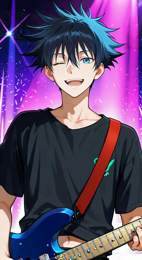 score_9, score_8_up, score_7_up, source_anime, highres, (masterpiece, best quality, (anime, anime coloring:1.3),1boy,solo,male focus,Anime screencap,black t-shirt,smile,concert,dplaying guitar,open mouth,looking at viewer,fushiguro megumi,black hair,spiked...