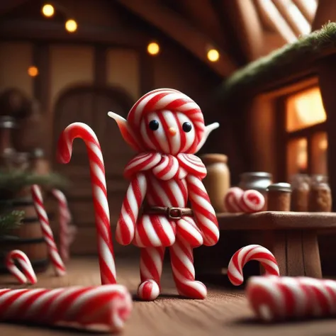 candy_style, tiny elf made of candy cane, best quality, sunshine, stripes, indoors, tavern, interior, fantasy, cute, armor