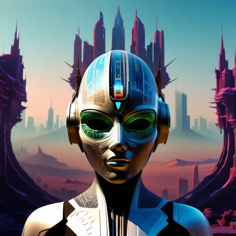 futuristic_mask, a futuristic woman with a futuristic head and a futuristic city in the background