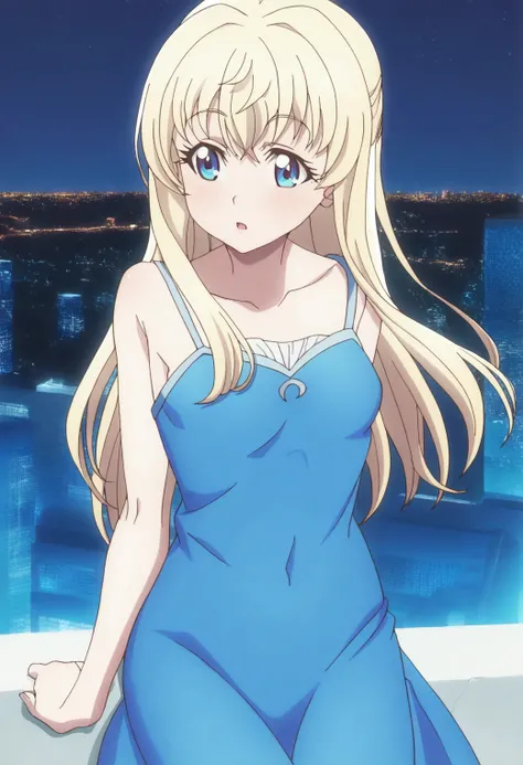 <lora:Priestess - [Goblin Slayer] - illustriousXL v1:1>, sysdeep_priestess, blue eyes, blonde hair, long hair, anime coloring, 1girl, solo, satin slip dress, city rooftop, wind blowing hair, gazing at skyline