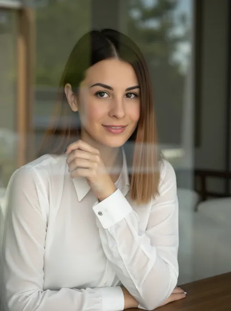 portrait of al1c3b3s1k woman, posing on a office, glass window, serene and warm, natural lighting, soft focus, high-resolution, elegant and introspective atmosphere, quiet sophistication, wearing a white shirt all buttons closed, slight smile, makeup

