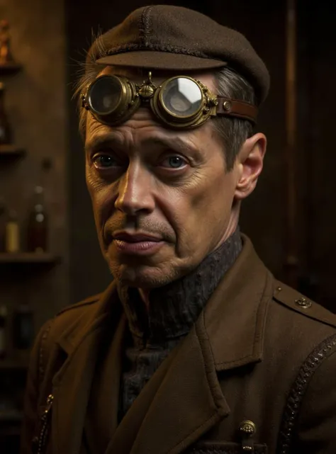 573v38u5c3m1, A middle-aged inventor is captured in a steampunk-inspired portrait, his weathered face framed by intricate goggles with brass fittings and gleaming lenses that rest firmly over his brow. His piercing eyes, magnified slightly by the goggles, ...