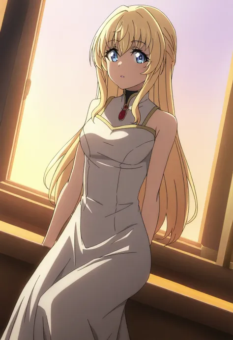 <lora:Priestess - [Goblin Slayer] - illustriousXL v1:1>, sysdeep_priestess, blue eyes, blonde hair, long hair, anime coloring, 1girl, solo, Open window, light dress, sitting on windowsill, golden hour lighting