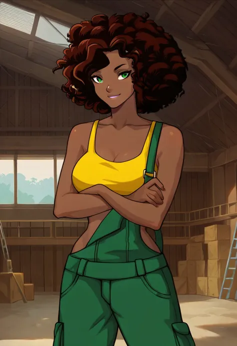 safe_pos, Score_9_up, score_8_up, score_7_up, score_6_up, BREAK, Expressiveh, dynamic angle, high quality, 1girl, solo, luanapl, dark-skinned female, afro, green eyes, green overalls, yellow crop top, perky breasts, cleavage, looking at viewer, smirk, arms...