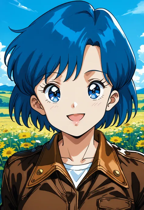 sr4_yuu, retro artstyle, blue eyes, blue hair, short hair, brown jacket, long sleeves, white shirt, <lora:SR4_yuu_pony_ver1:0.8>
smile, medium breasts, 1girl, solo, (field:1.2), (blue sky:1.2), looking at viewer,, score_9, score_8_up, score_7_up, source_an...