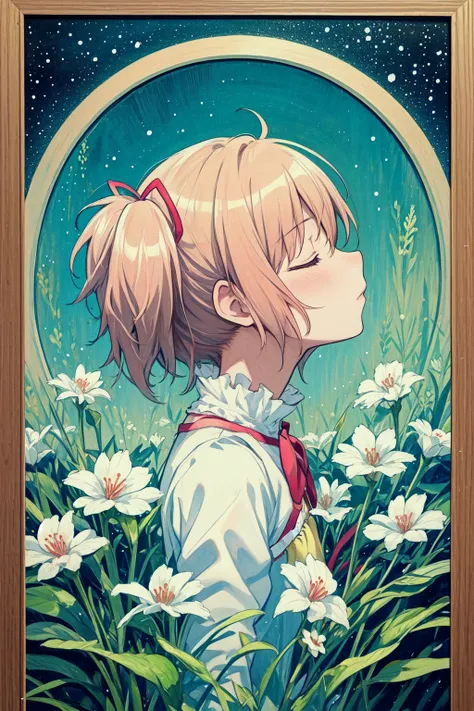 (masterpiece:1.1),(best quality),illustration,extremely delicate and beautiful, 1girl,(kaname madoka:1.1),  art nouveau, ,closed eyes,flower, ,painting (medium),petite,profile,,solo,traditional media,oil painting (medium), <lora:sd15_lcm_lora_rank1:1>, BRE...