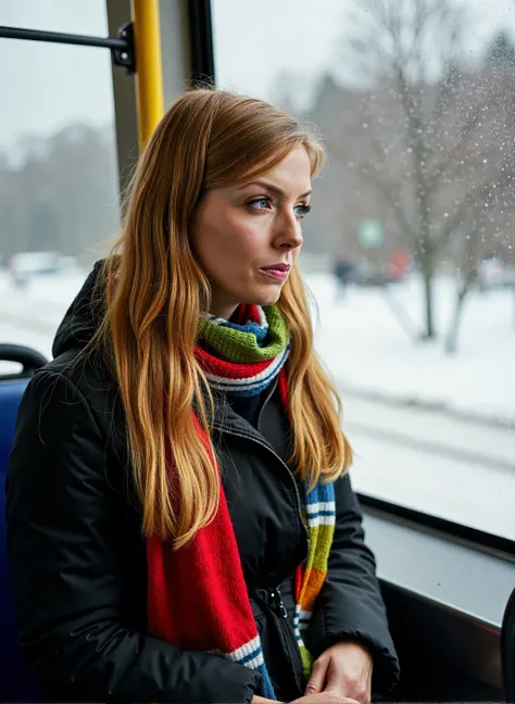 photorealistic  portrait of blonde woman, sitting in a bus in the winter , wear a colorful scarf