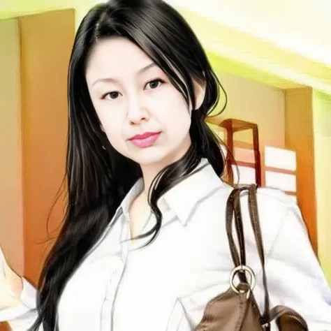 1girl, solo, black_hair, realistic, black_eyes, lips, bag, looking_at_viewer, long_hair, upper_body, shirt