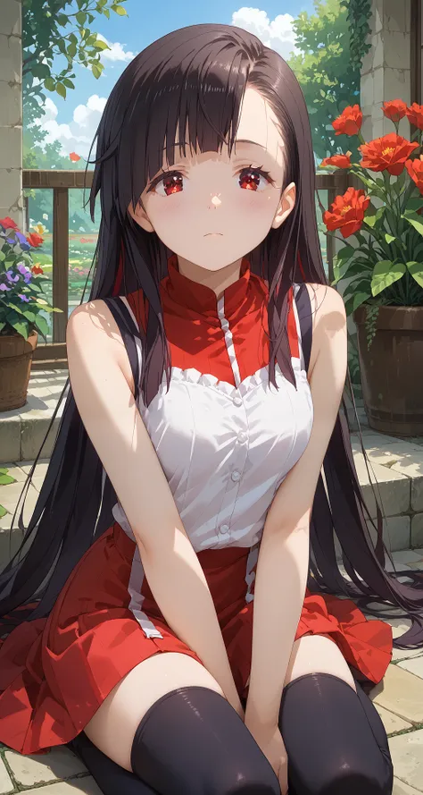 score_9, score_8_up, score_7_up, masterpiece, absurdres, source_anime,
1girl, solo, perfect_anatomy, rating_questionable,

konosuba_yuiyui, long hair, black hair, asymetrical cut, red eyes, medium breast,
blouse, red and white blouse, red skirt, thighhighs...