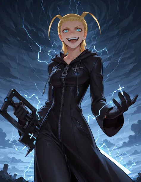 (Cartoon illustration (style):1.25), masterpiece, beautifully drawn, 1girl{(Larxene, blonde hair, antenna hair, blue eyes), breasts, robe, zipper, gloves, electric keyblade, crazy smile}, storm, clouds  <lora:Larxene-000007:1>