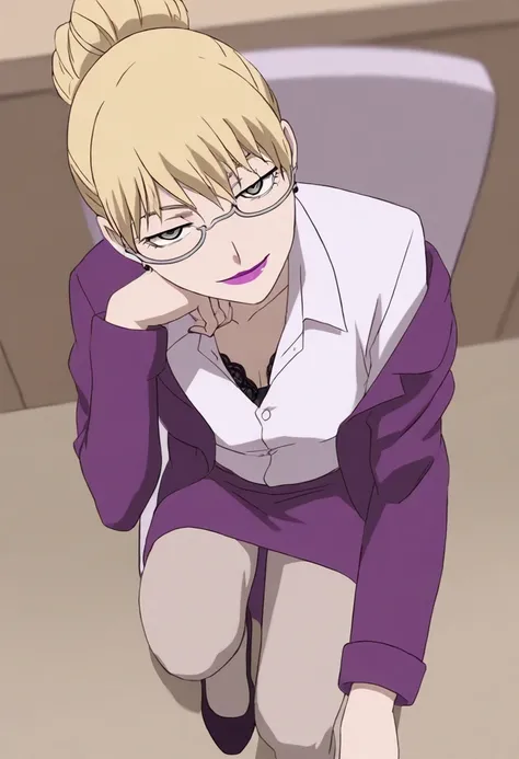 br1t4,1girl,solo,blonde,single hairbun,tied hair,blue eyes,earings,glasses,purple lips,purple nails,white shirt,purple jacket,purple skirt,pantyhose,heels,open chest,lace bra,
BREAK
close-up,focus,perspective,looking at viewer,face focus,leaning forward,bo...