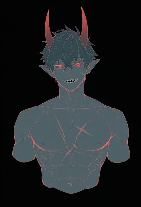 <lora:NeonMonochromeILXL:1> ne0n,
male focus, 1boy, solo, muscular, muscular male, black background, grey skin, pectorals, scar, sharp teeth, colored skin, cropped torso, pointy ears, teeth, upper body, abs, horns, simple background, black hair, monster bo...