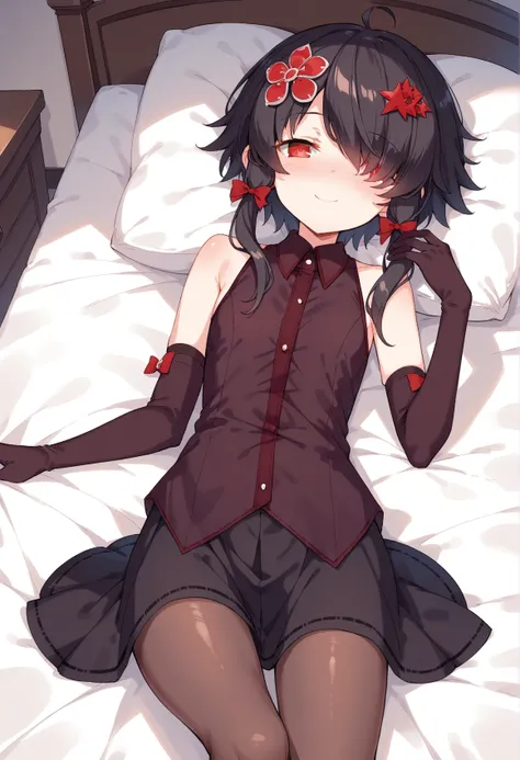 <lora:Andrea_Owen_2_black_v1.0:0.9>,AndreaOwen,black hair,red eyes,hair over one eye,hair ornament,short hair with long locks,flat chest,
sleeveless shirt,collared shirt,dark red elbow gloves,pantyhose,dark red shirt,black skirt,
1girl,anime screenshot,sol...