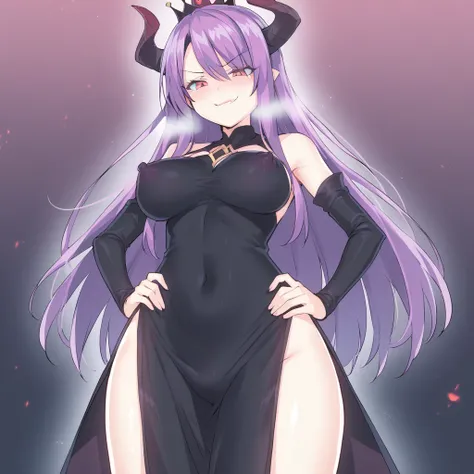 Lustaland, 1girl, solo, demon queen, horns, purple hair, smug, femdom, perfect body, black dress, erect nipples under clothes,
<lora:2Log_in_to_Lust-a-Land_Style:1>