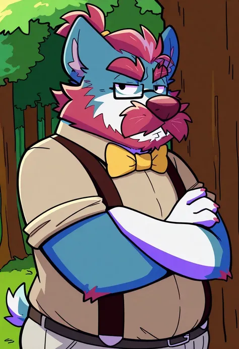 solo, 1boy, detail background, cartoon, 2d, anthro dog, male, furry, grayish blue body/fur, two tone fur, plump body, thick thighs, overweight, fat, belly, red wine beard, red wine mustache, thick red wine eyebrows, pointed ears, tied hair, red wine hair, ...