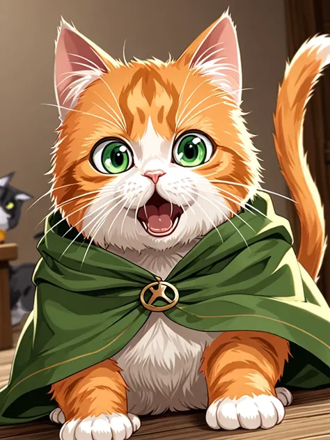 ,theo, ((cat)), orange fur, green eyes, green cloak, shocked,