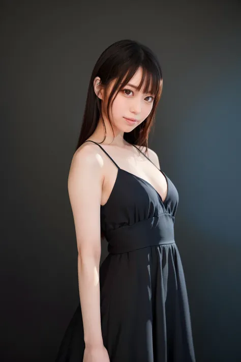 <lora:misuzu-kawana_kk:0.9>,1girl,smile,asian,brown eyes,breasts,black hair,lips,long hair,looking at viewer,sundress,realistic,solo,upper body ((black background, simple background)),misuzu-kawana,cowboy shot, thighs ,