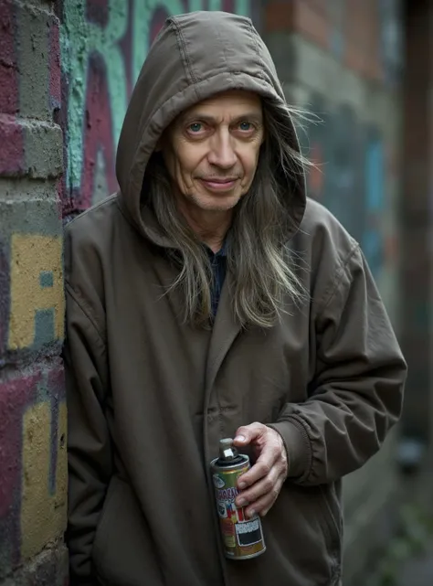 573v38u5c3m1, A RAW, hyper-realistic photograph of an elderly street artist with a weathered face full of character, holding a spray can mid-action, as if pausing after finishing a masterpiece. He wears a slightly worn hoodie with the hood down, revealing ...