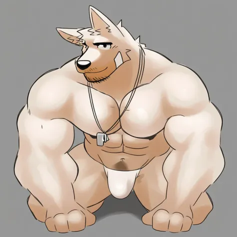 male underwear, furry male, smile, bandaid on face, muscular, thick thighs, wolf boy, beard, cow ears, male focus, bare pectorals, dog boy, large pectorals, dog tags, navel hair, solo, bulge, animal ears, white male underwear, completely nude, looking at v...