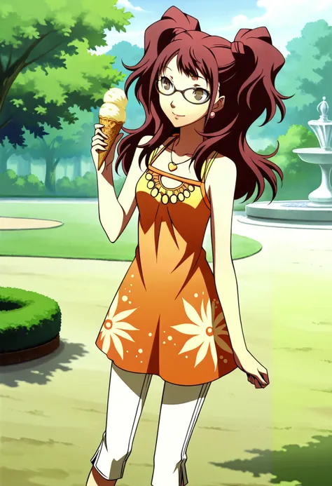 1 girl, solo, cute face,
p4rise, kujikawa rise, twintails, long hair, red hair, brown eyes, earrings, 
p4risesummer, kujikawa rise, dress, orange dress, capri pants, casual, glasses,
ice cream cone, smile,
park, pavillion,
masterpiece, best quality, ultra ...