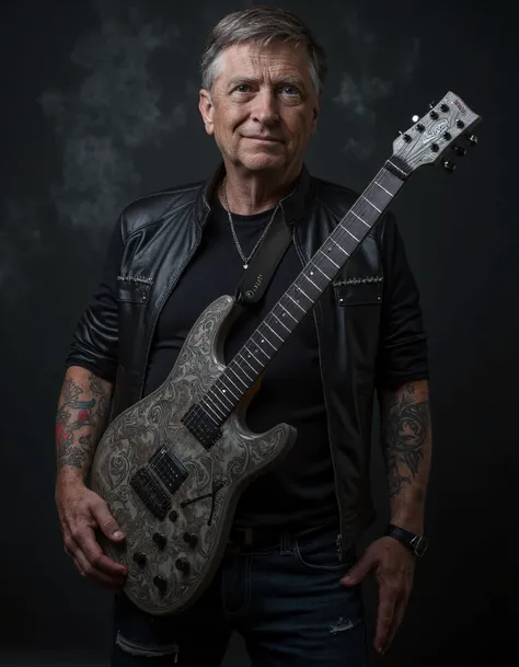 81ll64t35, A striking, hyper-detailed portrayal of a middle-aged gothic musician standing confidently in a drama lit, moody setting. He cradles a weathered electric guitar with intricate designs etched into its surface, the metal accents catching subtle gl...