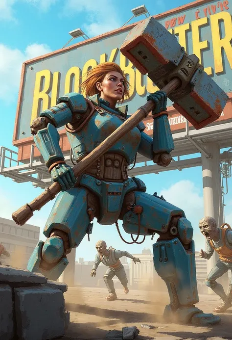 YFG-Hamrater strong female cyborg smashing a cinder block with a large sledgehammer. In the background, a large sign reads "BLOCKBUSTER". zombies running screaming with giant billboard in the background that reads "WHOA"