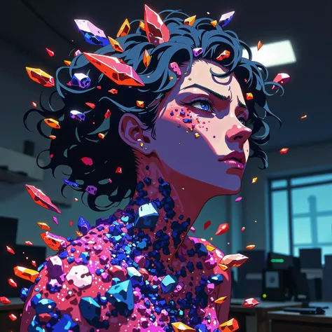 anime of an high quality image, 8K, ultra detailed mid-shot of a woman infected with multi-colored crystals, side profile, looking up, face in anguish and sadness, crystal tears, various hues from ruby red to obsidian black, the crystal clusters erupt from...