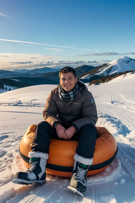 snowy hilltop, looking downhill, sitting on snow sled, downhill sledding, smiling, Opash, wearing puffy winter coat, waterproof pants, scarf, snow boots, male focus, (((full body portrait))), wide angle <lora:Opash:0.8>