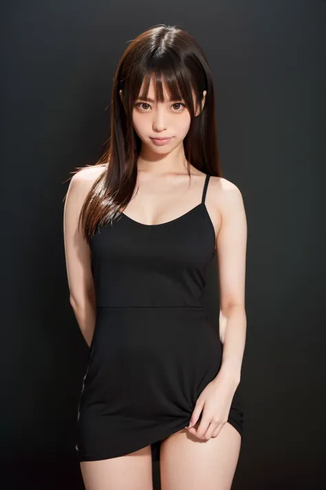 <lora:misuzu-kawana_kk:0.9>,1girl,smile,asian,brown eyes,breasts,black hair,lips,long hair,looking at viewer,sundress,realistic,solo,upper body ((black background, simple background)),misuzu-kawana,cowboy shot, thighs ,