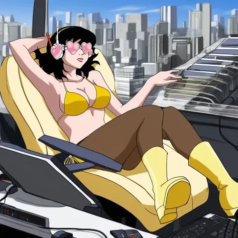 pantyhose, boots, yellow bikini, headphones, cockpit, building, 1girl, breasts, bikini, heart-shaped eyewear, parody