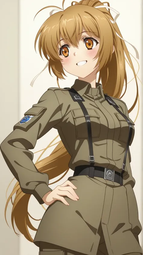 perfect quality, best quality, absolutely eye-catching, masterpiece, absurd res, ambient occlusion, raytracing, 1girl, solo, Katia, perky breasts, BDU, blush, grin, hand on hip