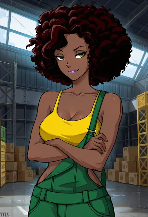 safe_pos, masterpiece, best quality, amazing quality, BREAK,  dynamic angle, high quality, 1girl, solo, luanapl, dark-skinned female, afro, green eyes, green overalls, yellow crop top, perky breasts, cleavage, looking at viewer, smirk, arms crossed, wareho...