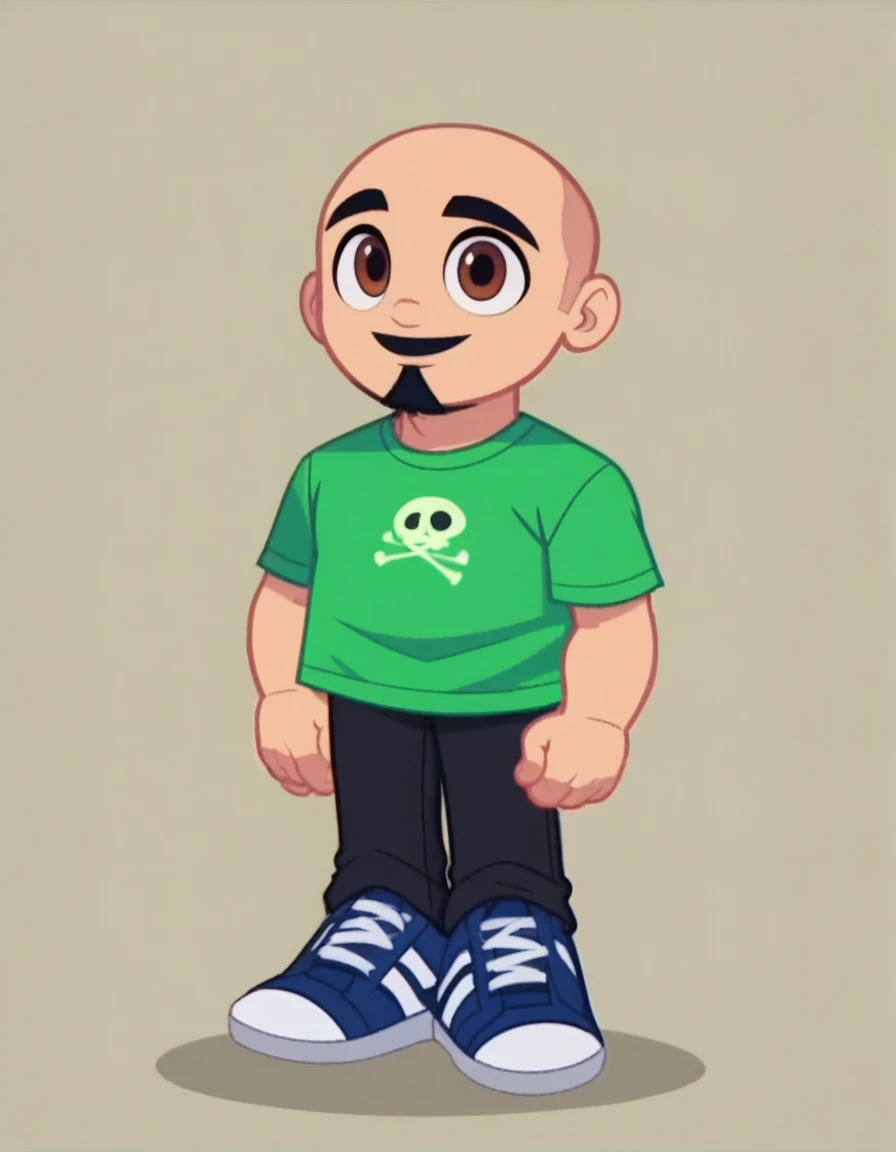 PoobySML, solo, shirt, 1boy, brown eyes, standing, full body, male focus, shoes, pants, black pants, t-shirt, blue footwear, green shirt, bald, print shirt, black goatee, no mustache, screencap, smile