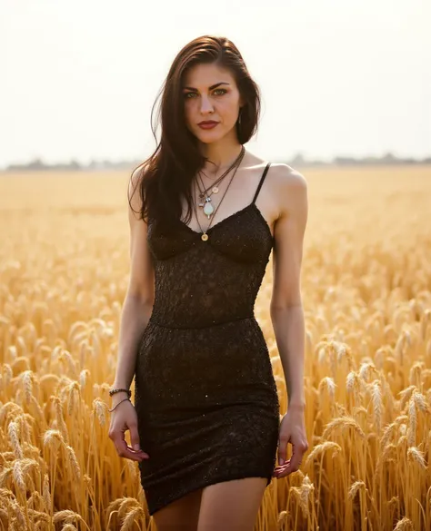 Professional photograph of Frances Cobain in a chic dress. She is standing in a wheat field. The light from the zenith is magnificent, subduing the atmosphere. She has beautiful black hair. The lens is focused on her face.