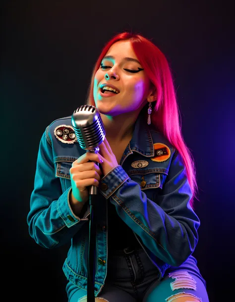 In a grunge-inspired, dimly lit studio, the captivating Andr334M is posed in an intense, introspective moment. With her piercing red and pink hair standing out against the dark backdrop, she wears a unique, distressed denim jacket adorned with studs and pa...