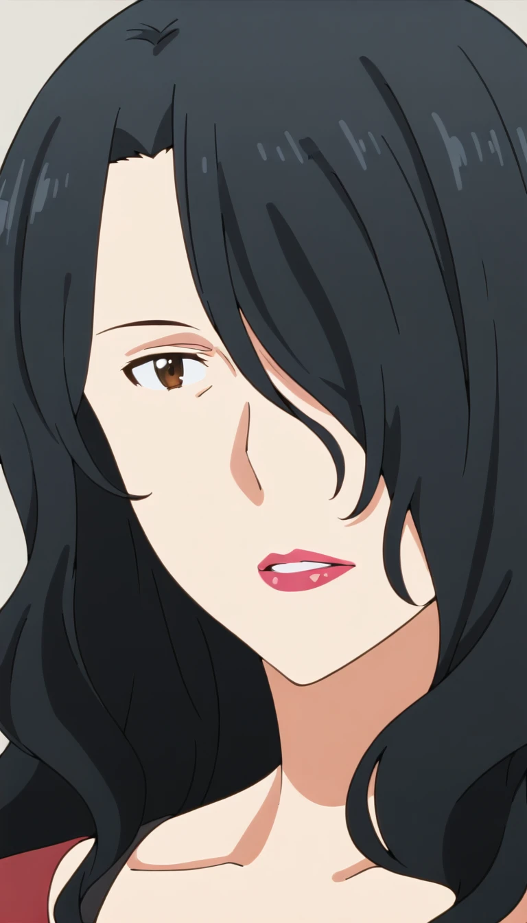 <lora:Takanashi_Shizuka:1>,black hair,long hair,hair over one eye,takanashi shizuka,brown eyes,lipstick,simple background,