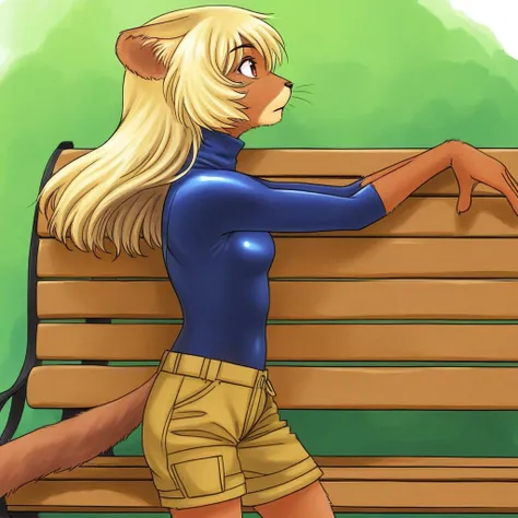 blonde hair, dark-skinned female, furry female, bench, turtleneck, shorts, bodysuit, solo, profile, animal ears