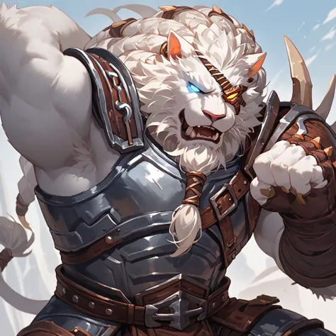 score_9, score_8_up, score_7_up, score_6_up, Rengar, bara, eyepatch, glowing eyes, armor, stretching,