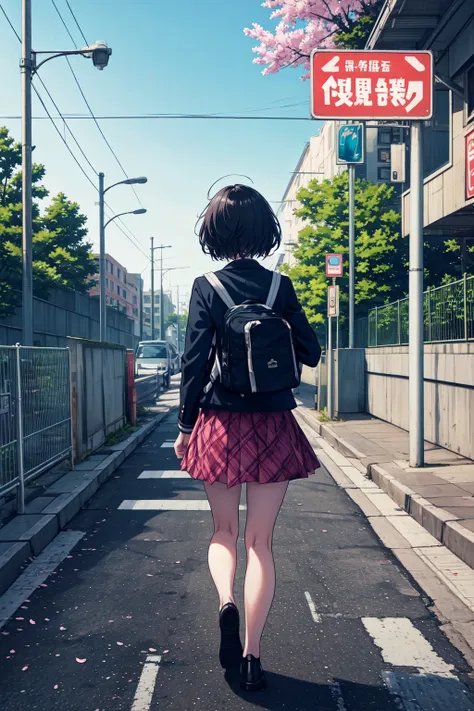 (masterpiece:1.1),(best quality),illustration,extremely delicate and beautiful, 1girl,backpack,bag,bicycle,black bag,black hair,blue jacket,chain-link fence,cherry blossoms,fence,from behind,grate,green jacket,jacket,lamppost,outdoors,overpass,pink skirt,p...