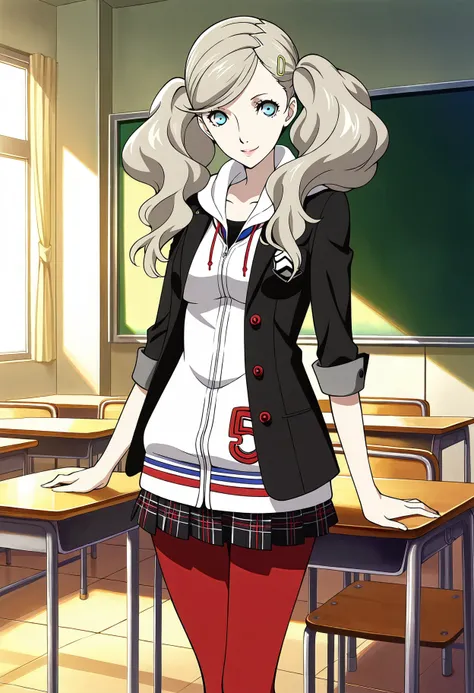 1 girl, solo, cute face,
p5ann, twintails, long hair, takamaki ann, blonde hair, hairclip,
skirt, school uniform, jacket, open clothes, hairclip, hood, miniskirt, sweater, open jacket, black jacket, hoodie,hood down, white sweater, red pantyhose, hooded ca...